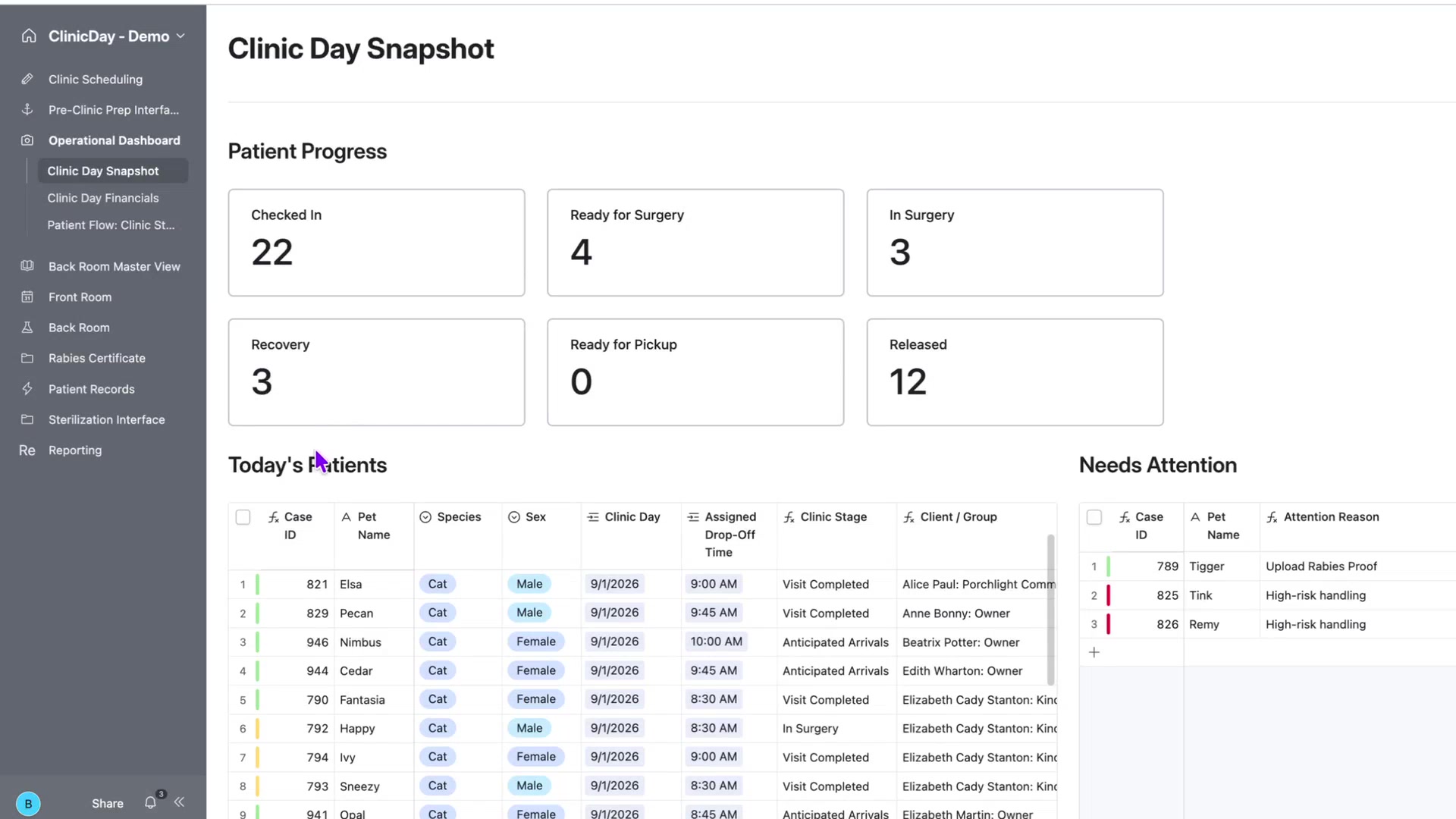 ClinicDay Snapshot showing live patient progress counts, today's patients, current clinic stages, and items needing attention.